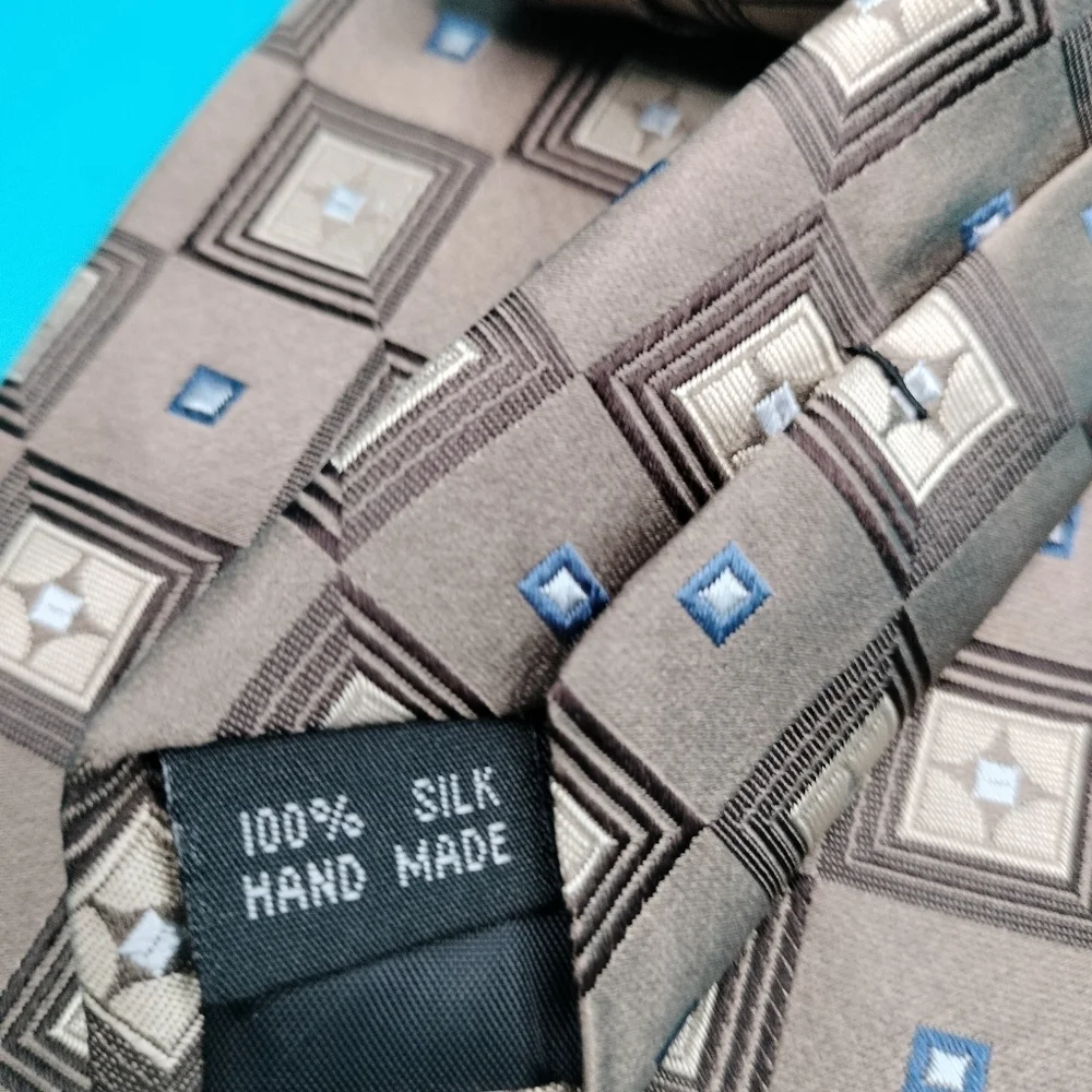 Insignia by Martin Wong Gold Bronze Silk Handmade Geometric Blue Accents Tie